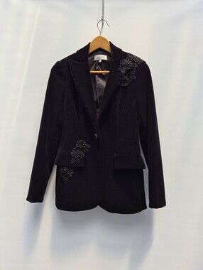 Rickie Freeman Teri Jon Black Velvet Beaded Applique Blazer Jacket Size 2